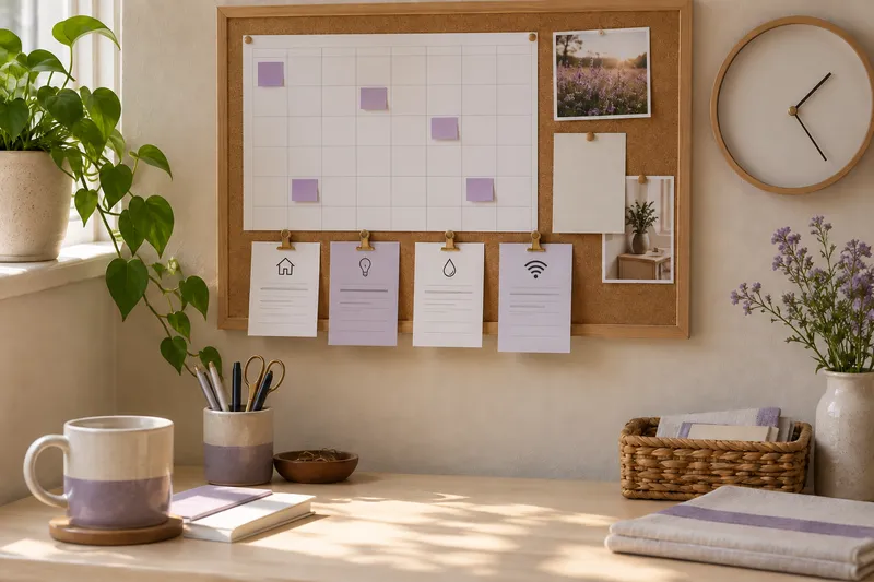 A household calendar with violet tabs and pictorial bill slips.
