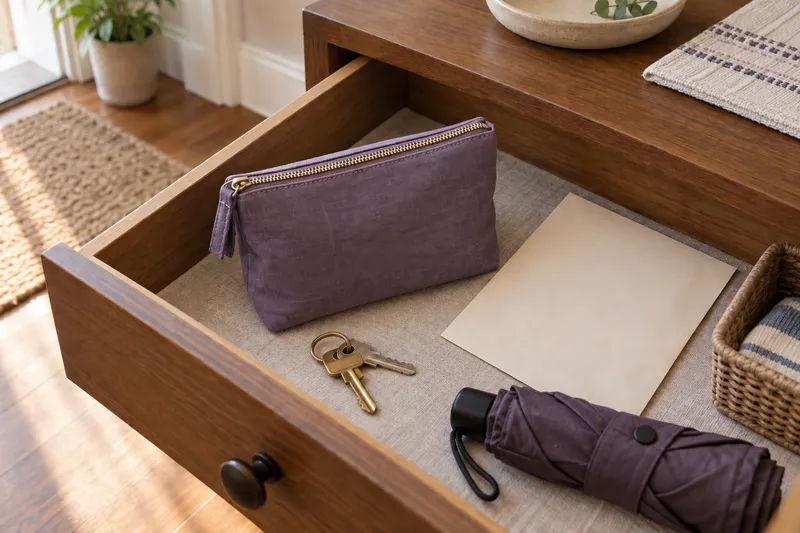 A closed reserve pouch, blank envelope, keys and umbrella in a drawer.