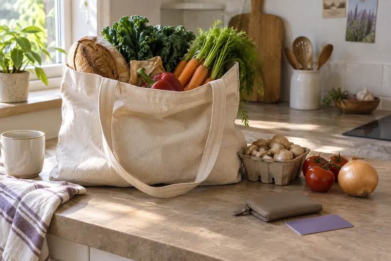 Ordinary groceries beside a wallet and an unmarked travel card.