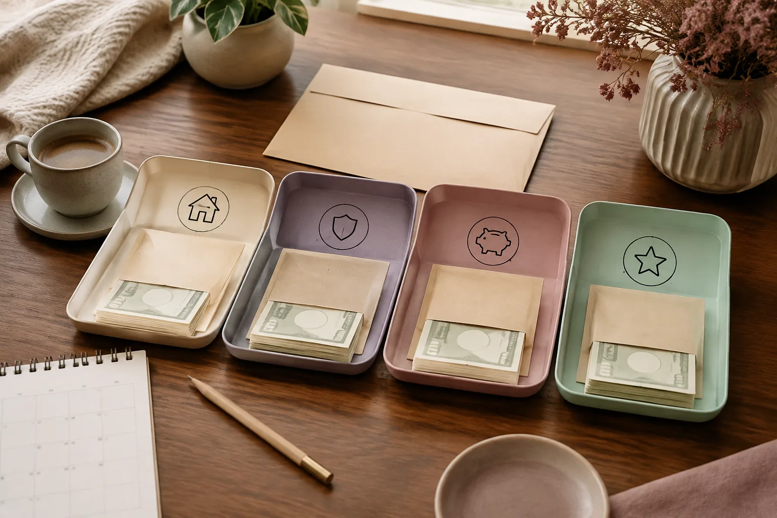 A calm household planning table with separate spaces for essential, debt, saving and flexible spending decisions.