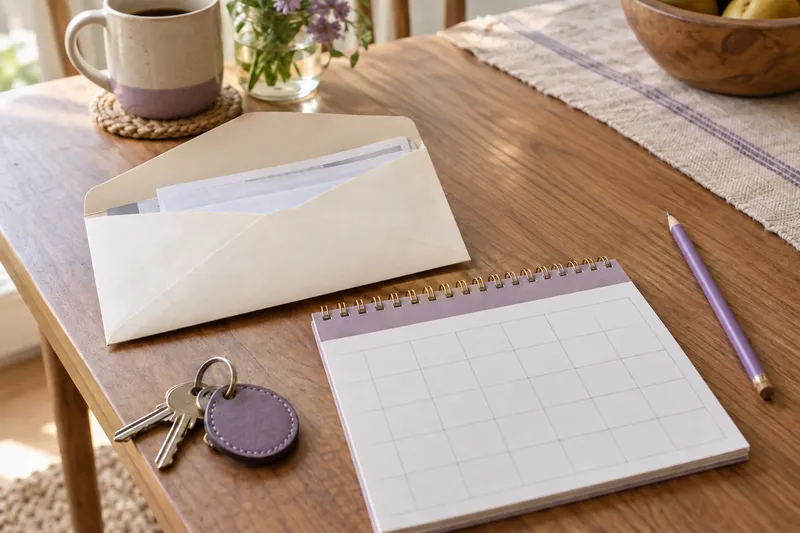 An illustrative pay envelope, keys and blank planning calendar on a home table.