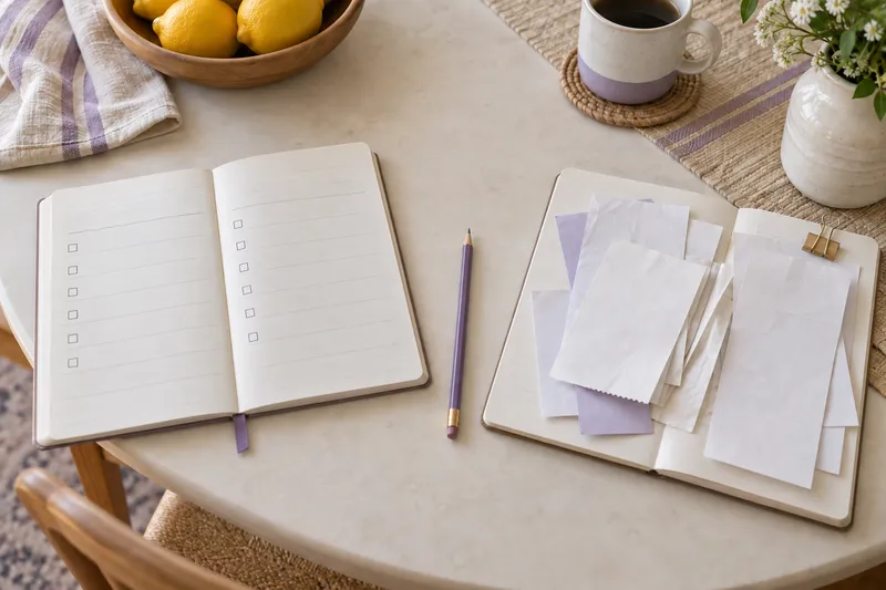 An open planning notebook beside blank receipts and a pencil.