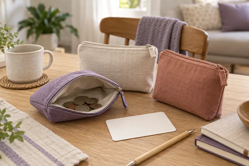 Separate fabric pouches with a few unmarked coins and a blank goal card.